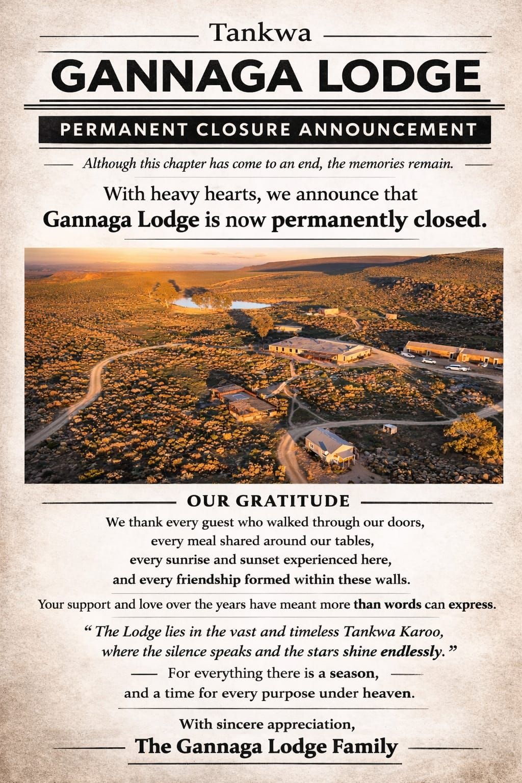 Tankwa Gannaga Lodge Permanent Closure Announcement
